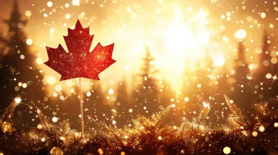 Red Maple Leaf Symbol In Golden Winter Forest