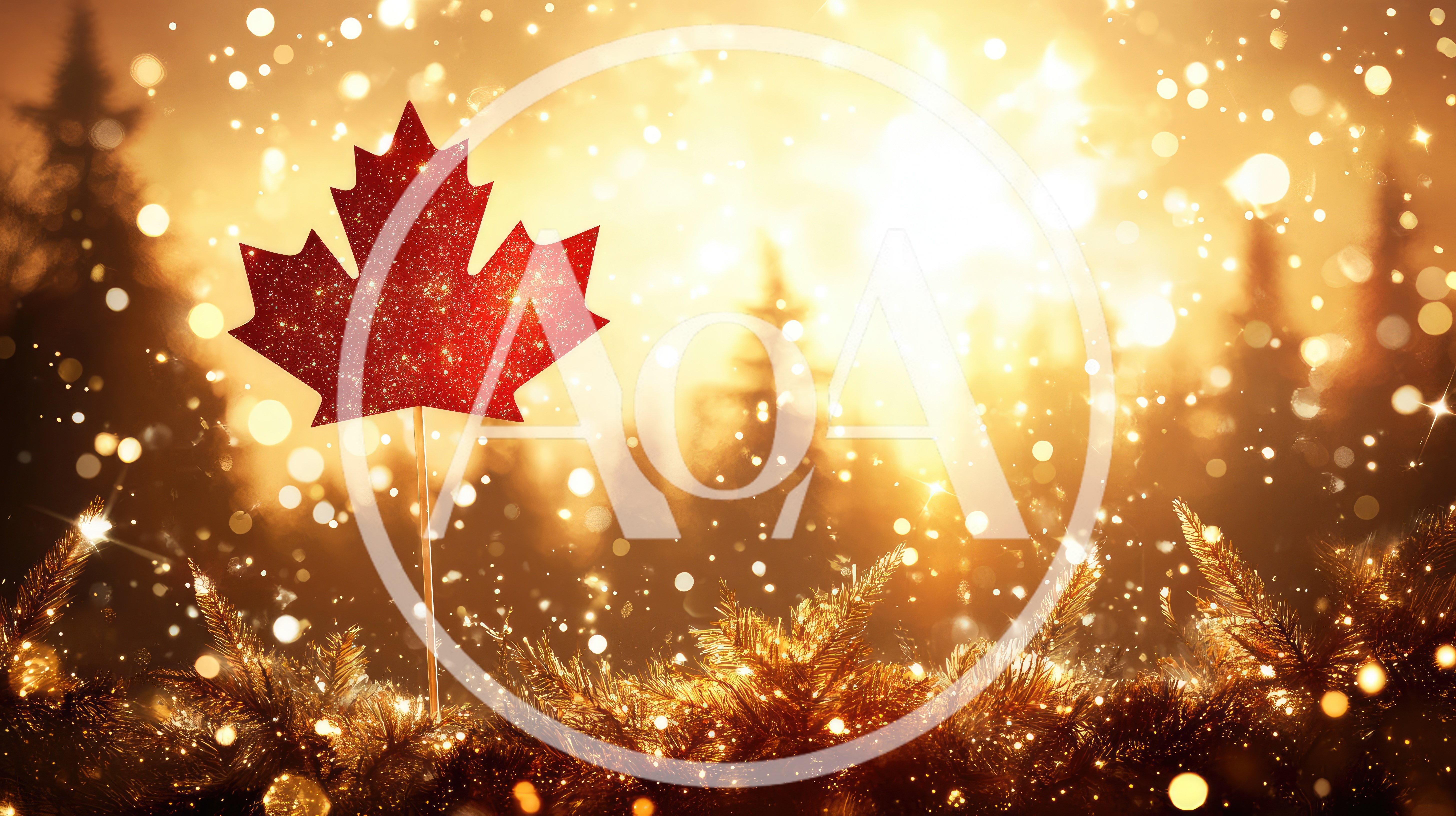 Red Maple Leaf Symbol In Golden Winter Forest