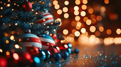 Patriotic Christmas Ornaments Under A Decorated Tree