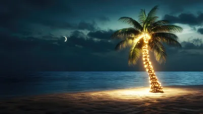 Illuminated Palm Tree On A Tropical Beach At Night