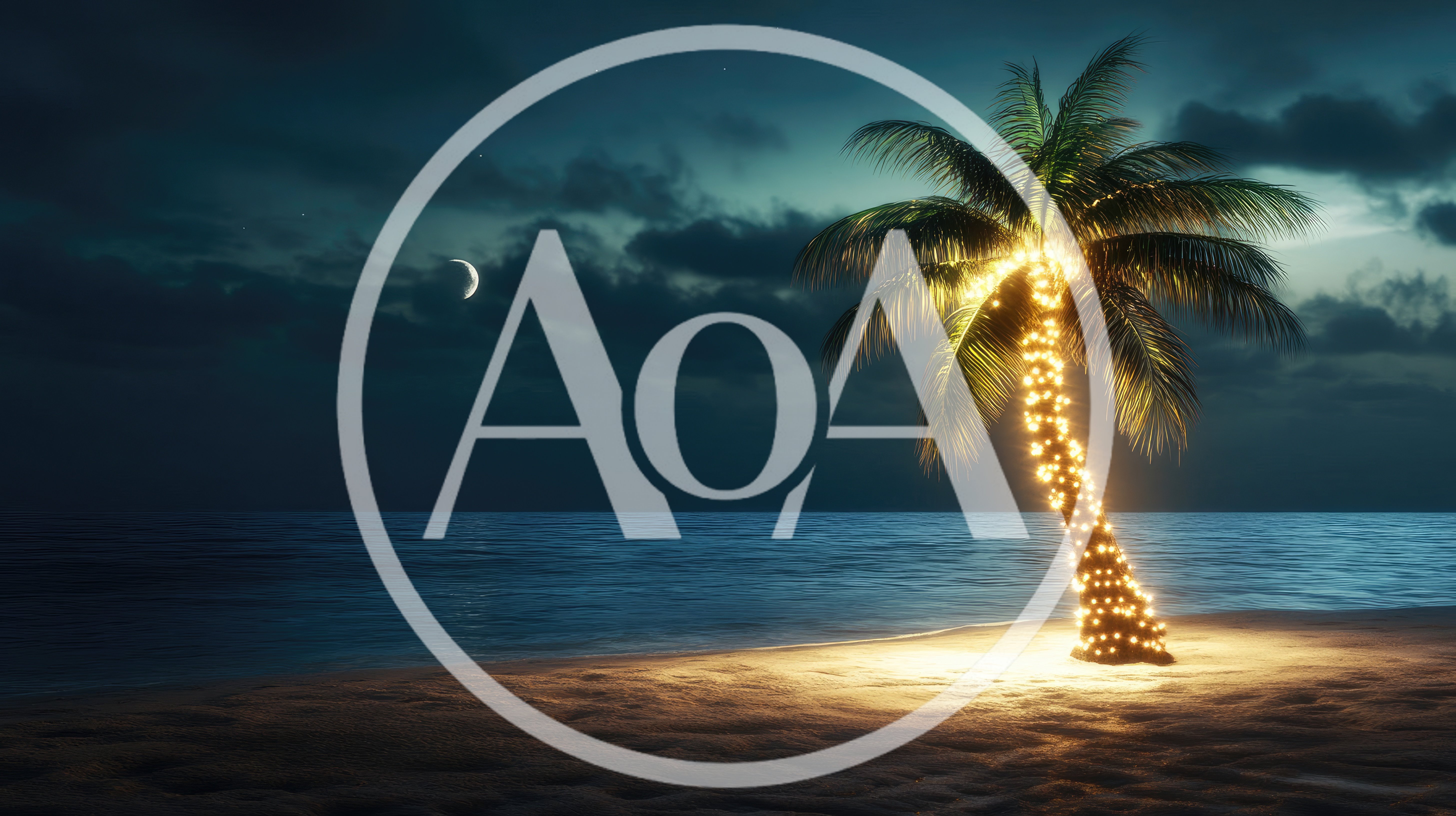 Illuminated Palm Tree On A Tropical Beach At Night