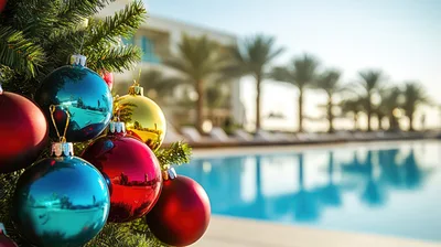 Christmas Ornaments Hanging On Tree By Tropical Resort Pool