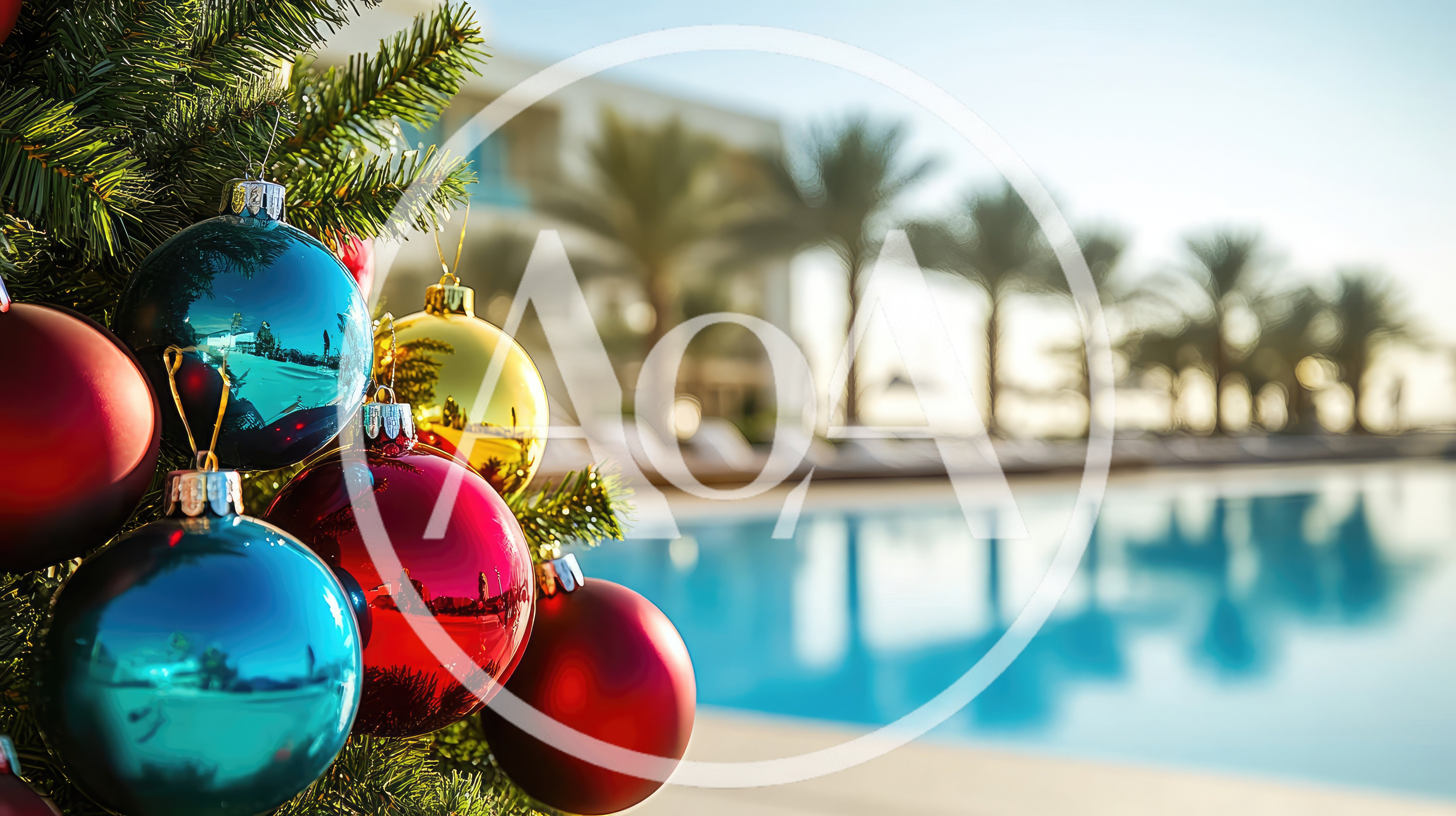 Christmas Ornaments Hanging On Tree By Tropical Resort Pool