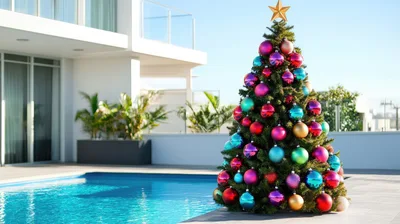 Christmas Tree Decorated With Colorful Ornaments By A Pool