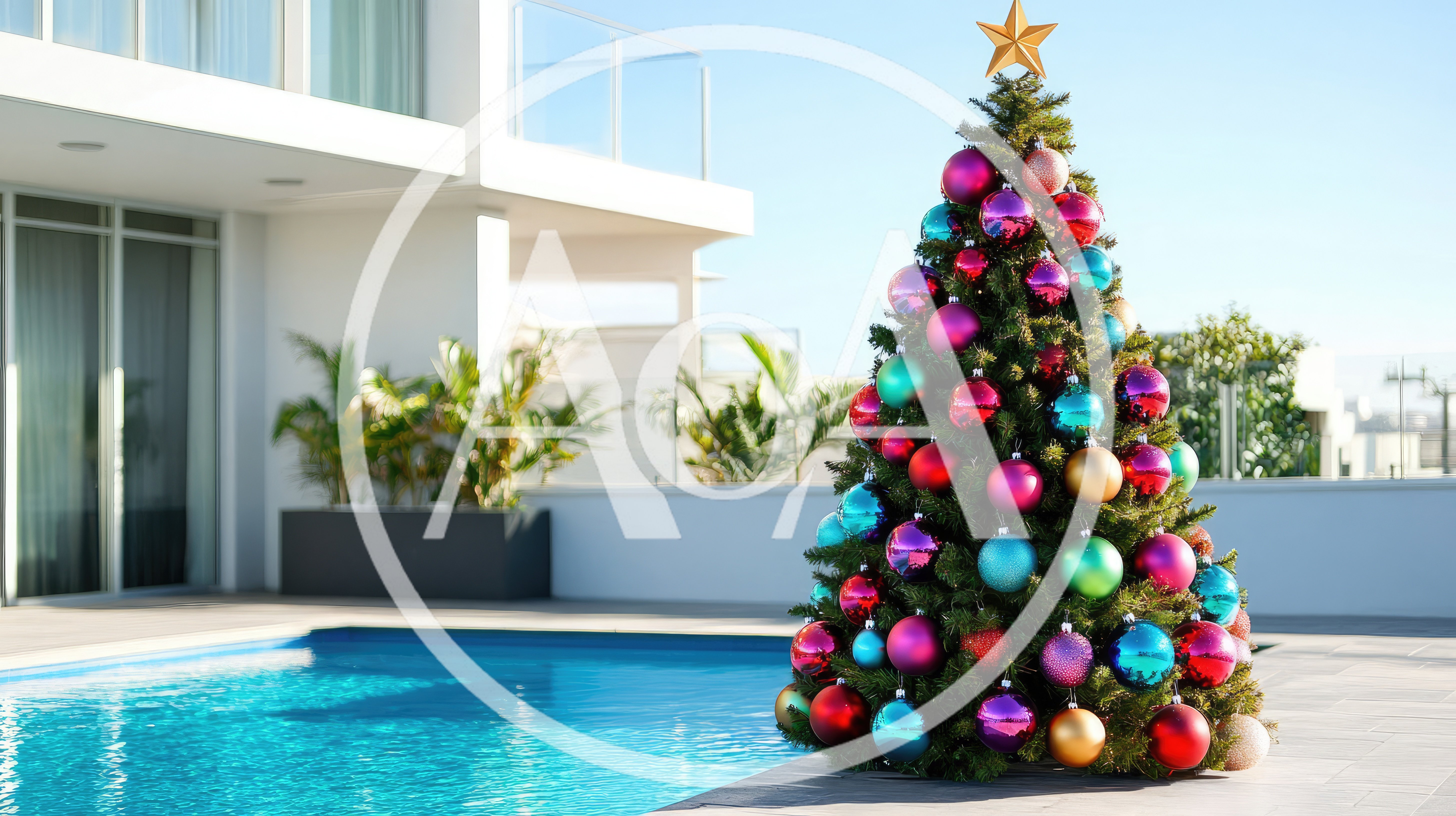Christmas Tree Decorated With Colorful Ornaments By A Pool