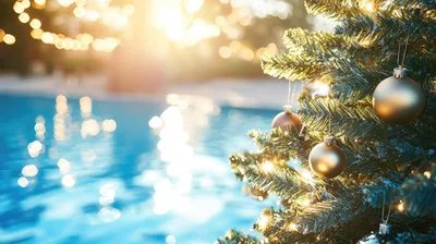Christmas Tree Decorated With Gold Ornaments By A Pool