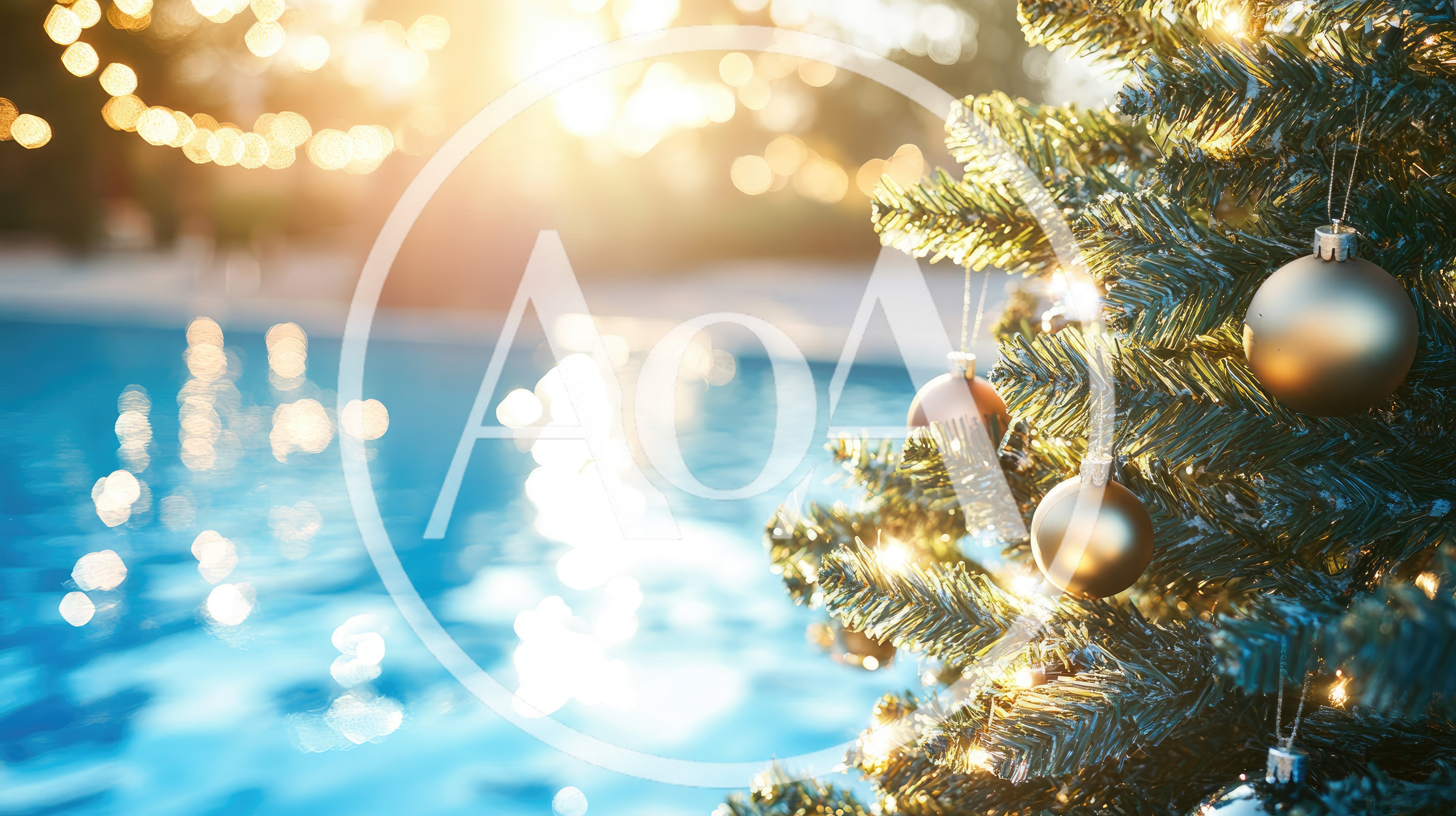 Christmas Tree Decorated With Gold Ornaments By A Pool