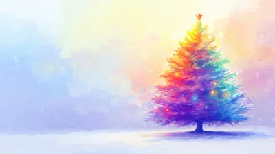Abstract Watercolor Christmas Tree With Colorful Lights