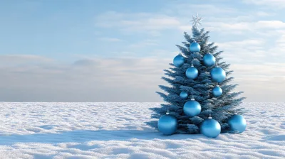 Blue Christmas Tree Decorated With Ornaments In Snowy Landscape