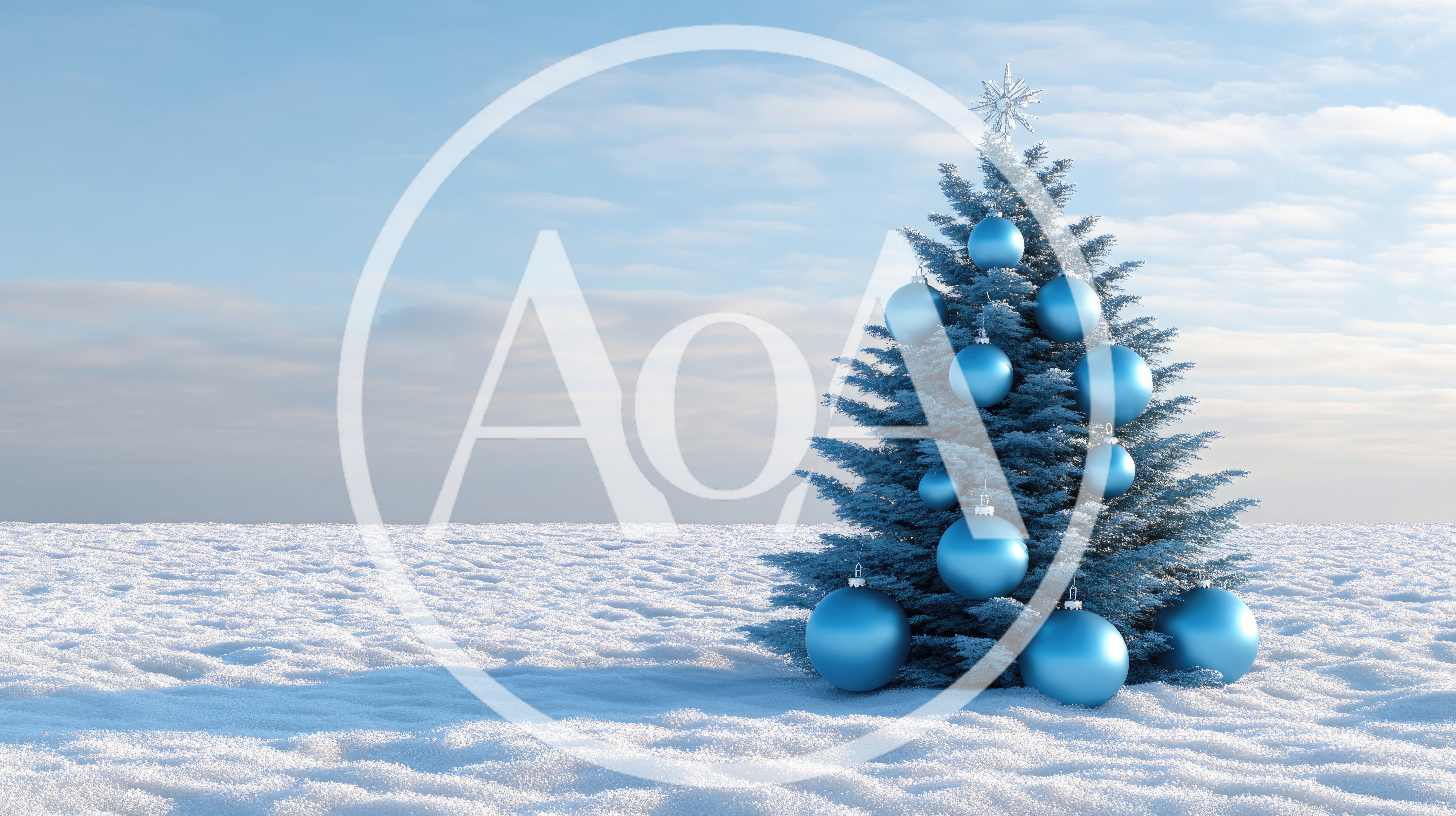 Blue Christmas Tree Decorated With Ornaments In Snowy Landscape