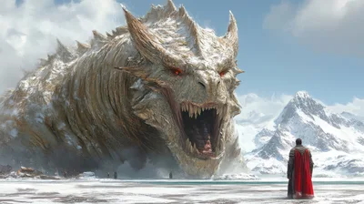 Warrior Facing A Massive Dragon In Snowy Mountains