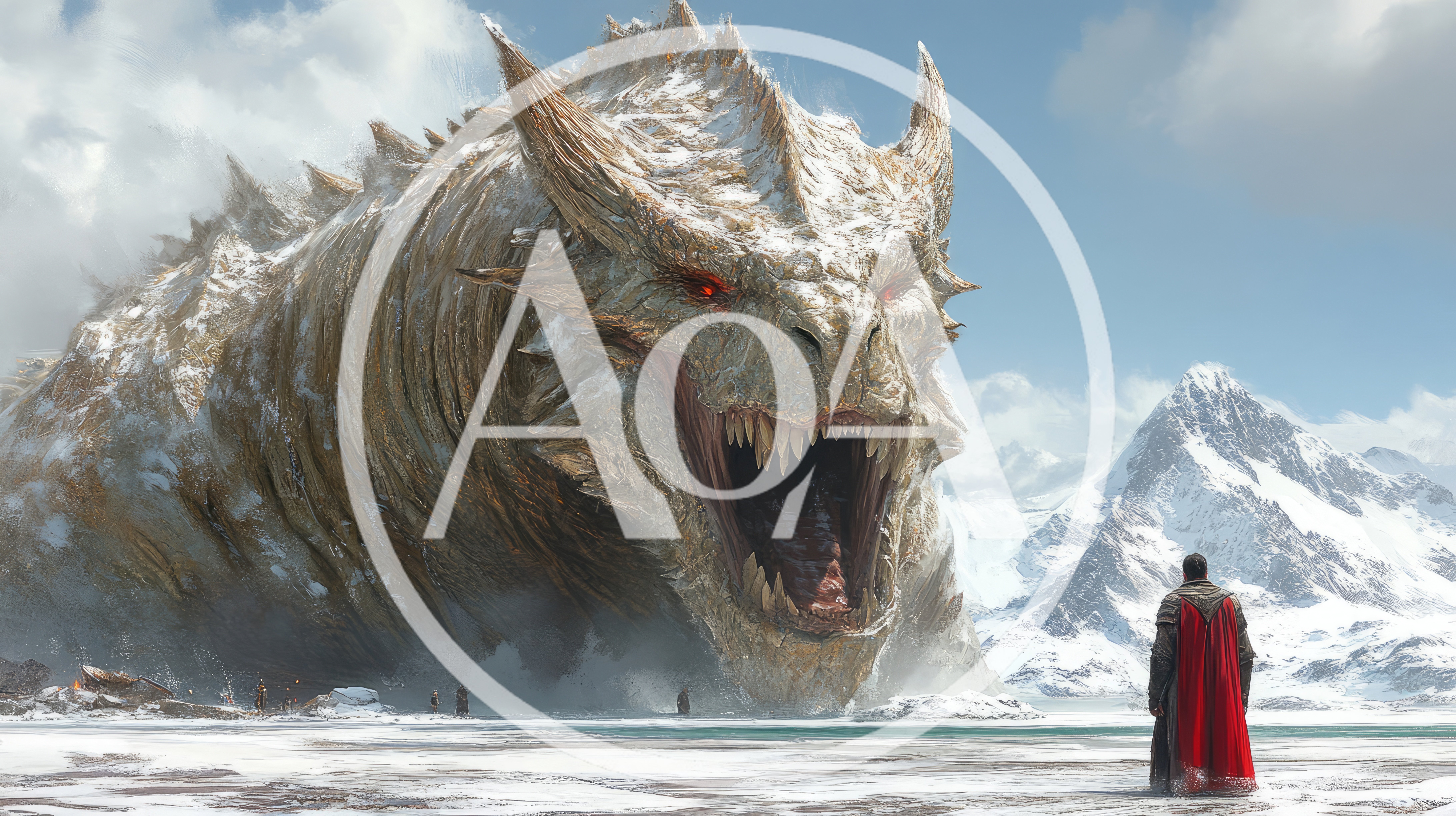 Warrior Facing A Massive Dragon In Snowy Mountains