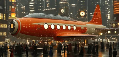 Retro Futuristic Orange Aircraft In A Steampunk City