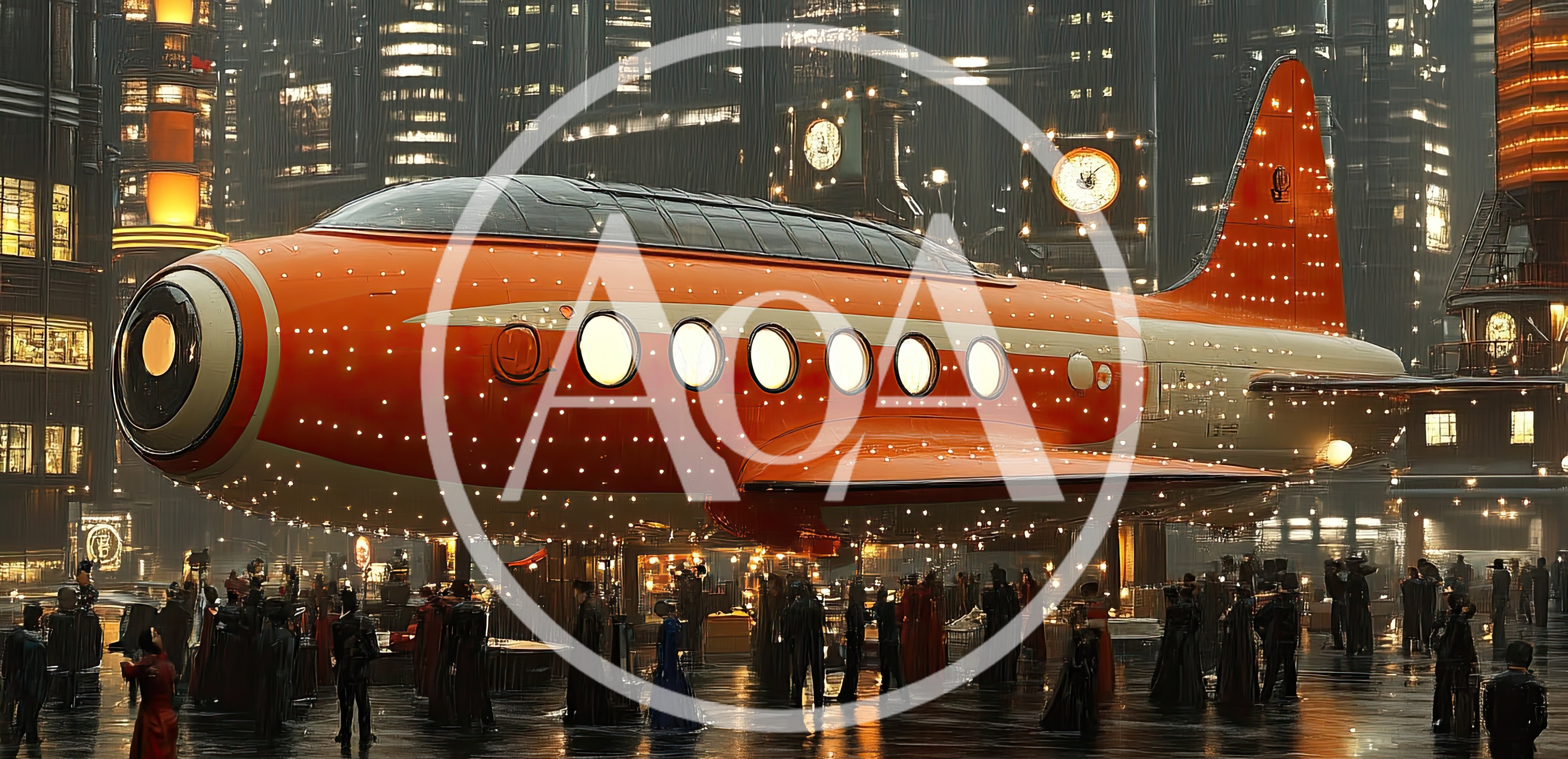 Retro Futuristic Orange Aircraft In A Steampunk City