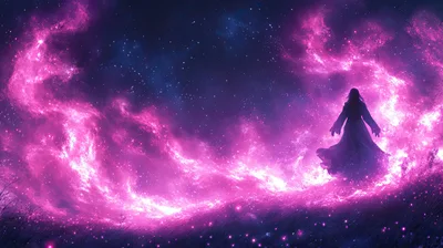 Silhouette Of A Woman Standing In Cosmic Nebula