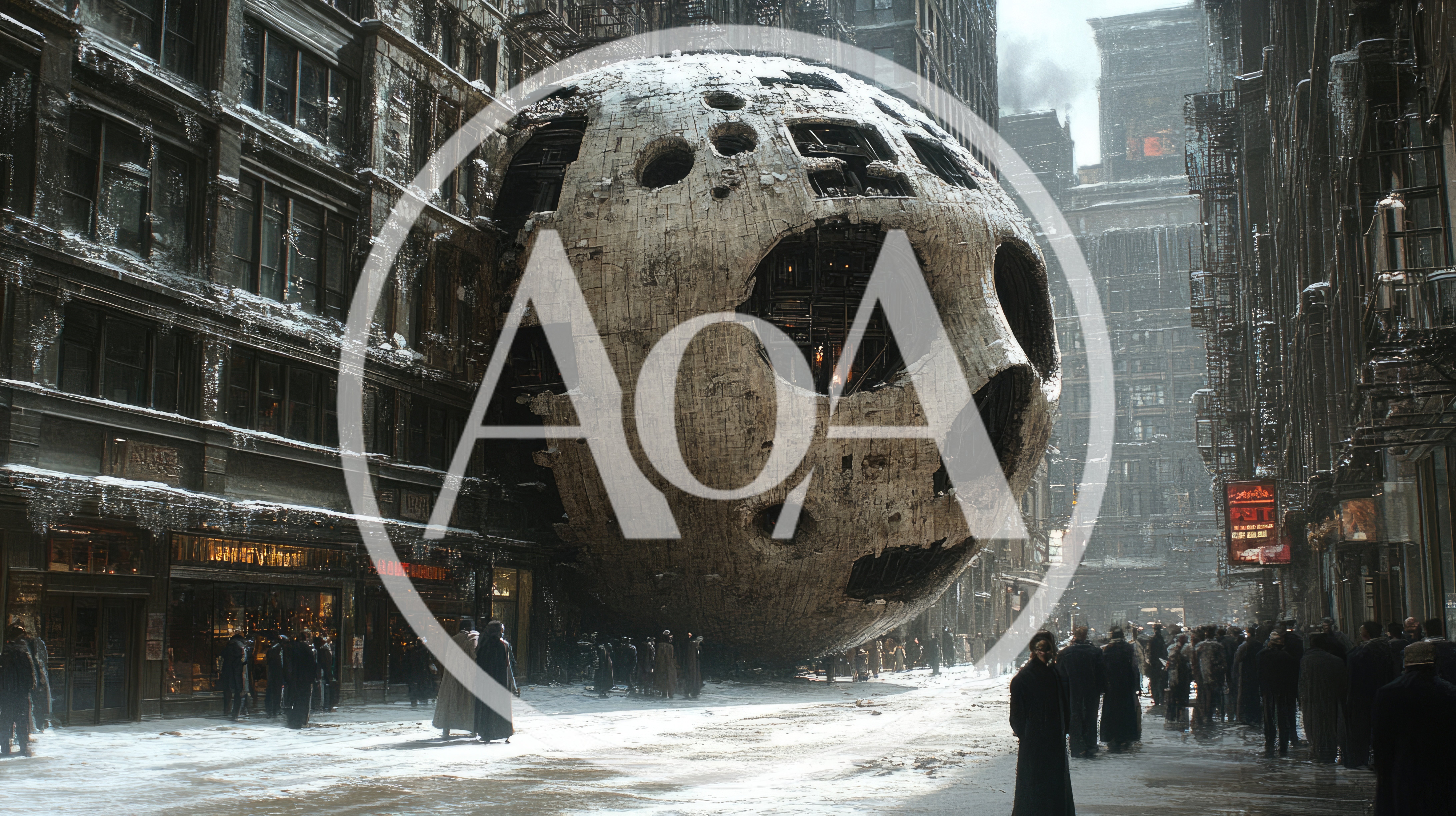 Surreal Giant Moon Sphere Crashed In Snowy City Street