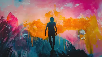 Silhouette Of A Person Walking Through Abstract Painted Landscape