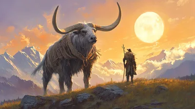 Fantasy Nomad With Giant Yak In Mountain Landscape