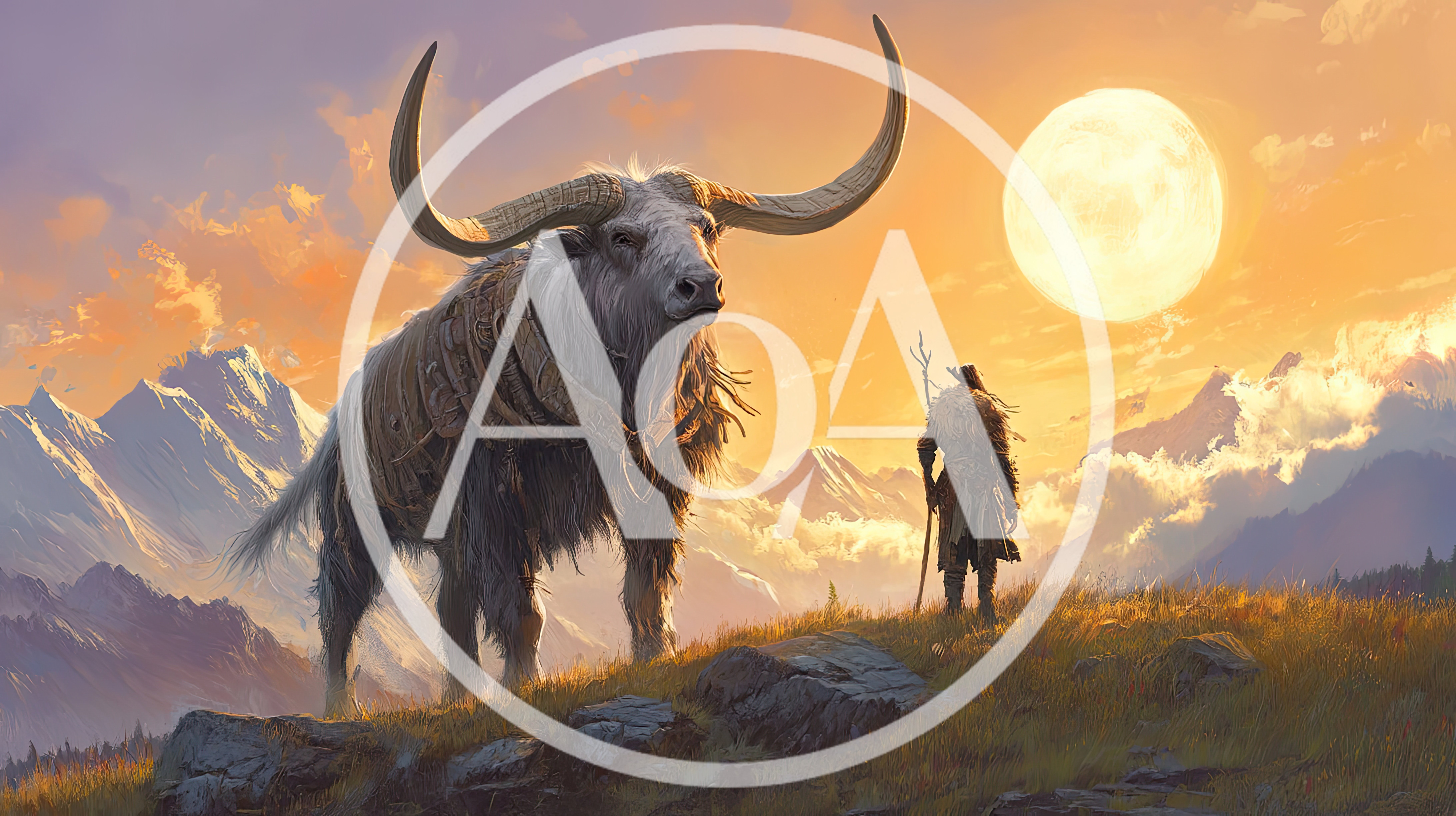 Fantasy Nomad With Giant Yak In Mountain Landscape