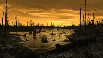 Desolate Swamp Landscape With Dead Trees At Sunset