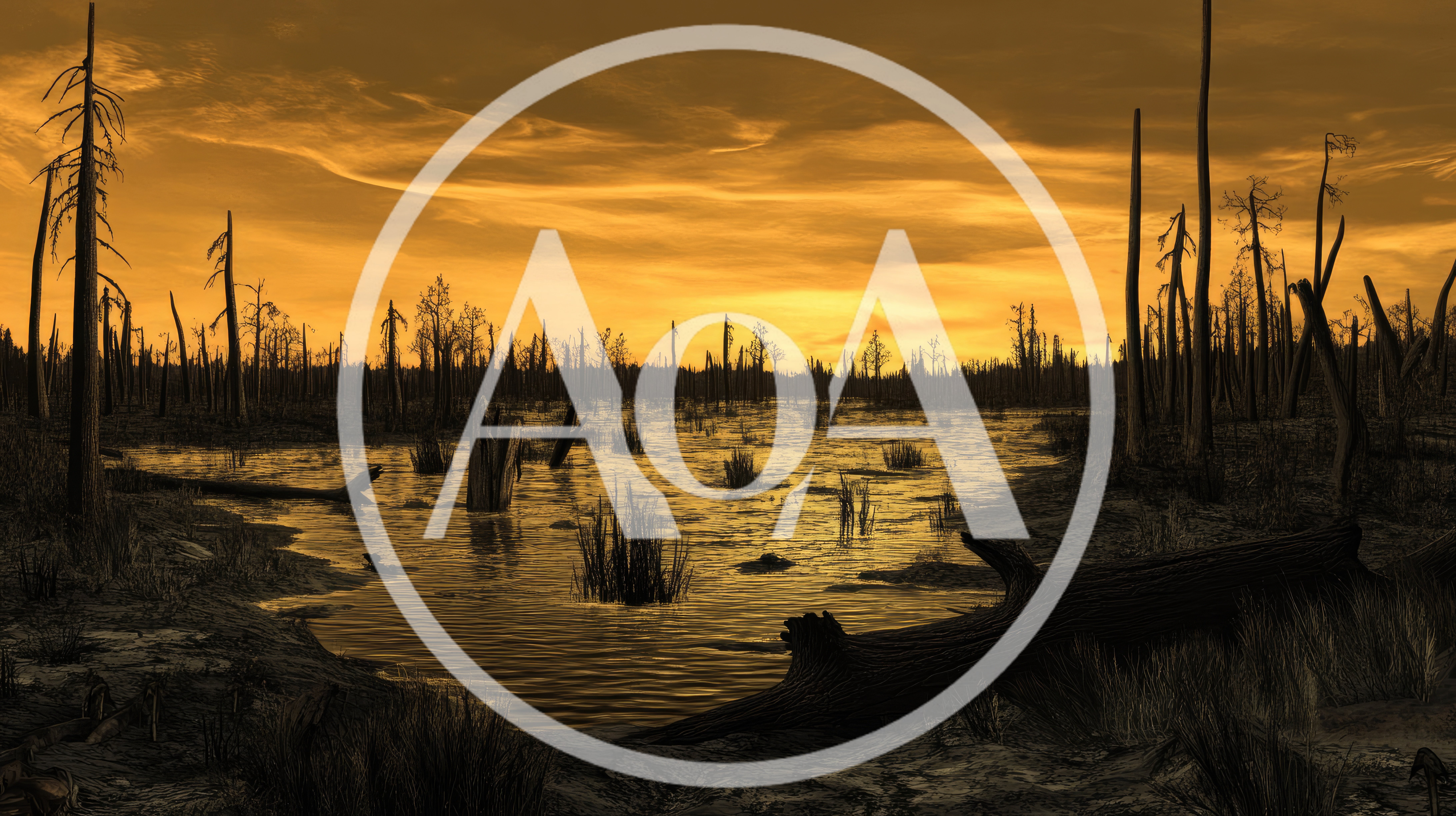 Desolate Swamp Landscape With Dead Trees At Sunset