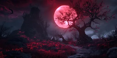 Dark Fantasy Landscape With Red Moon And Ancient Tower