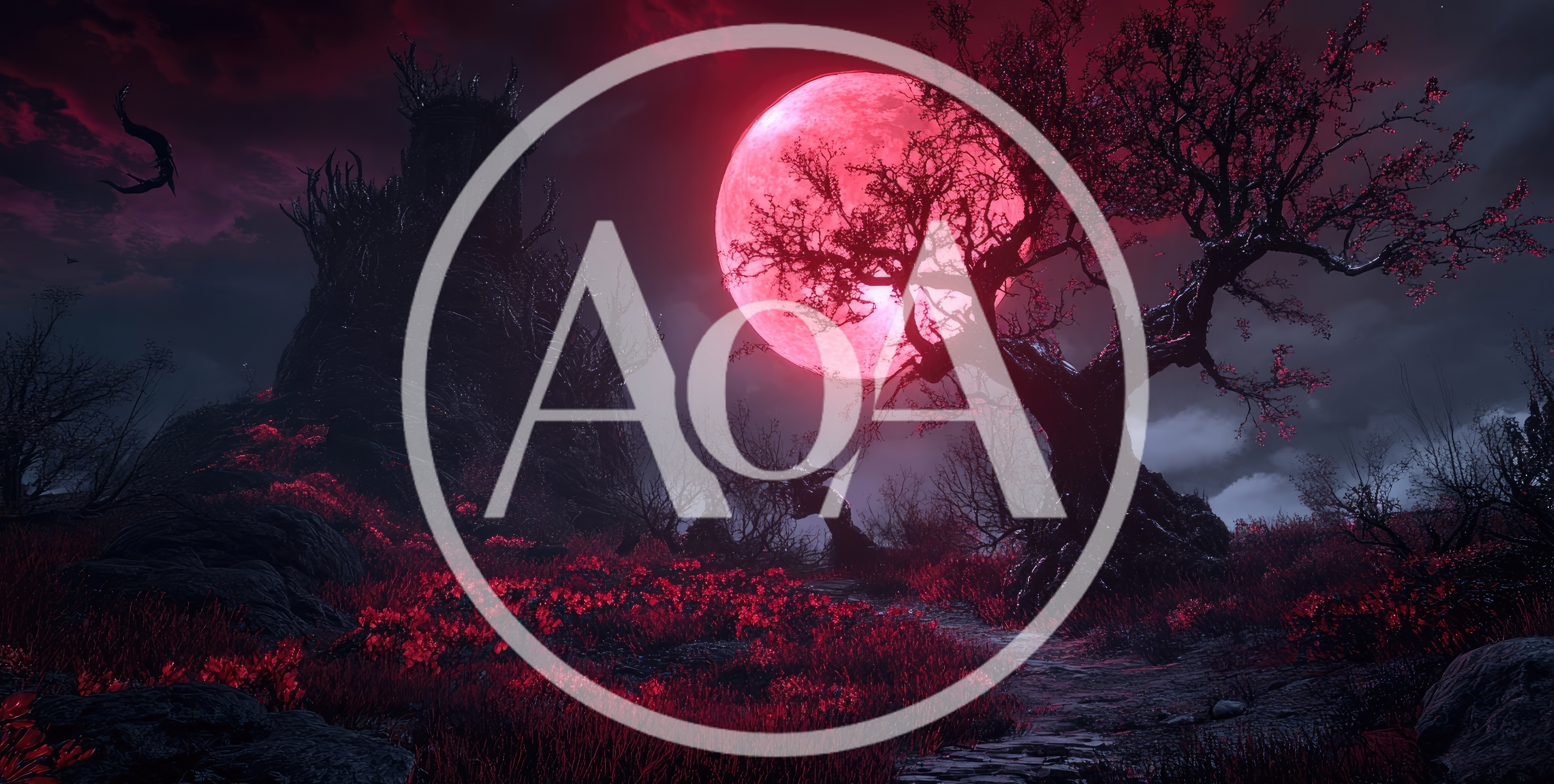 Dark Fantasy Landscape With Red Moon And Ancient Tower