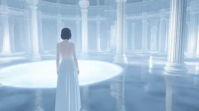 Woman Standing In A Mystical Frozen Palace Hall