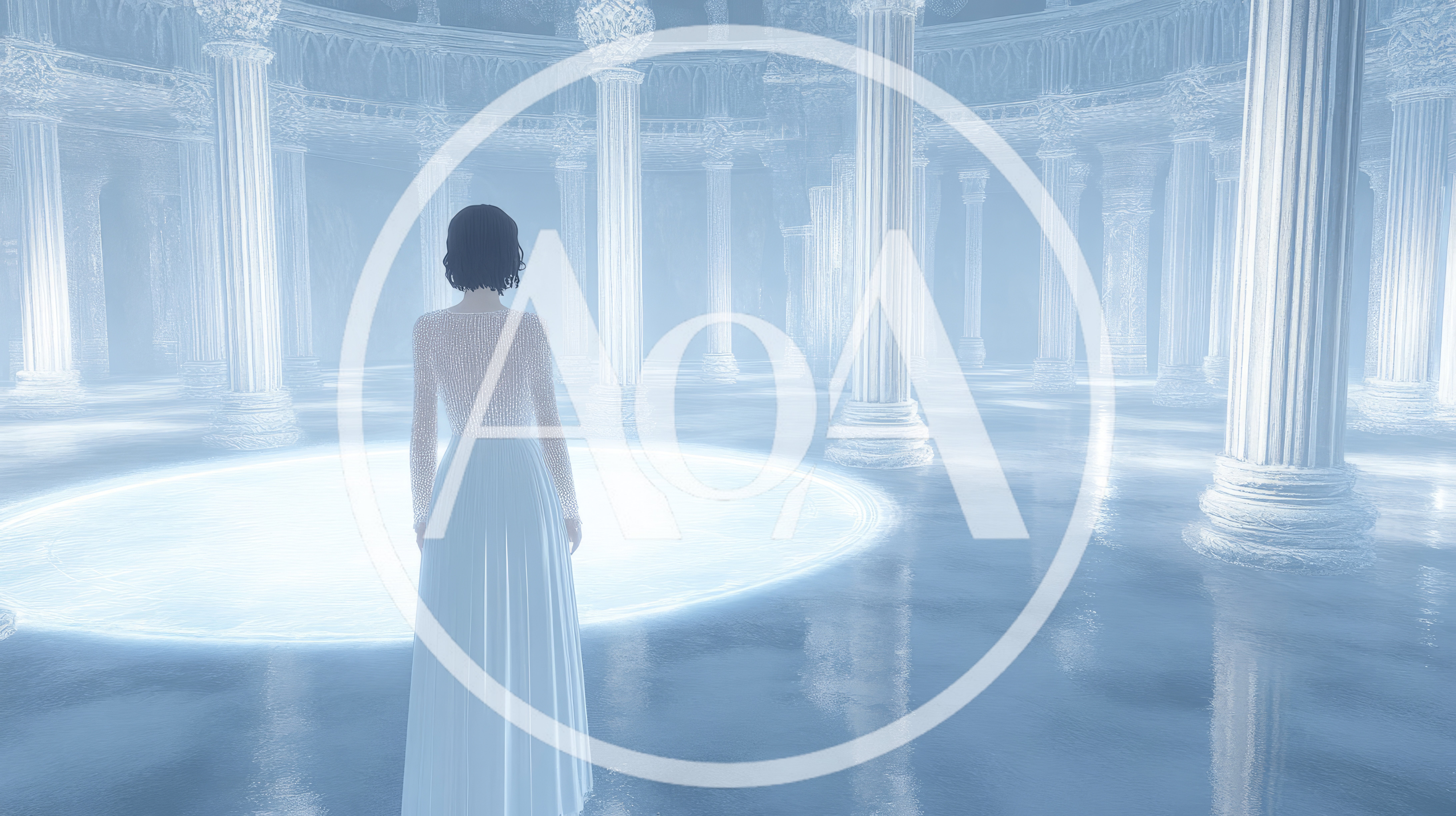 Woman Standing In A Mystical Frozen Palace Hall