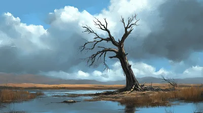 Solitary Dead Tree Standing In A Marshy Landscape