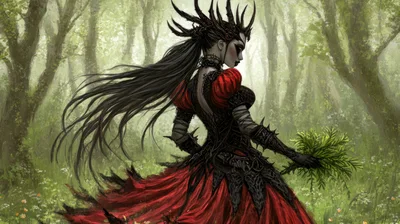 Gothic Queen Holding Greenery In A Misty Forest