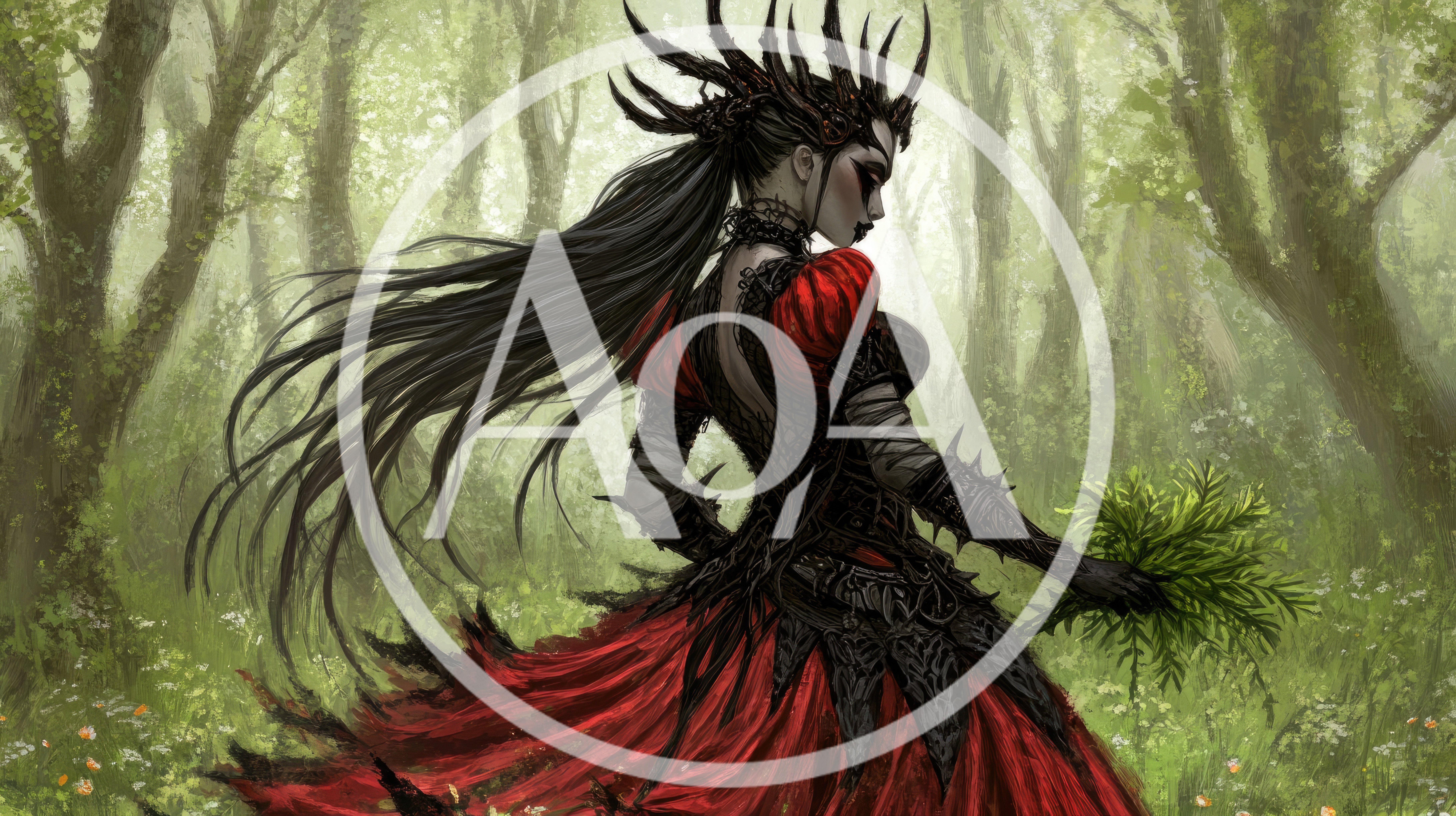 Gothic Queen Holding Greenery In A Misty Forest