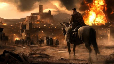 Warrior On Horseback Before A Burning Medieval City
