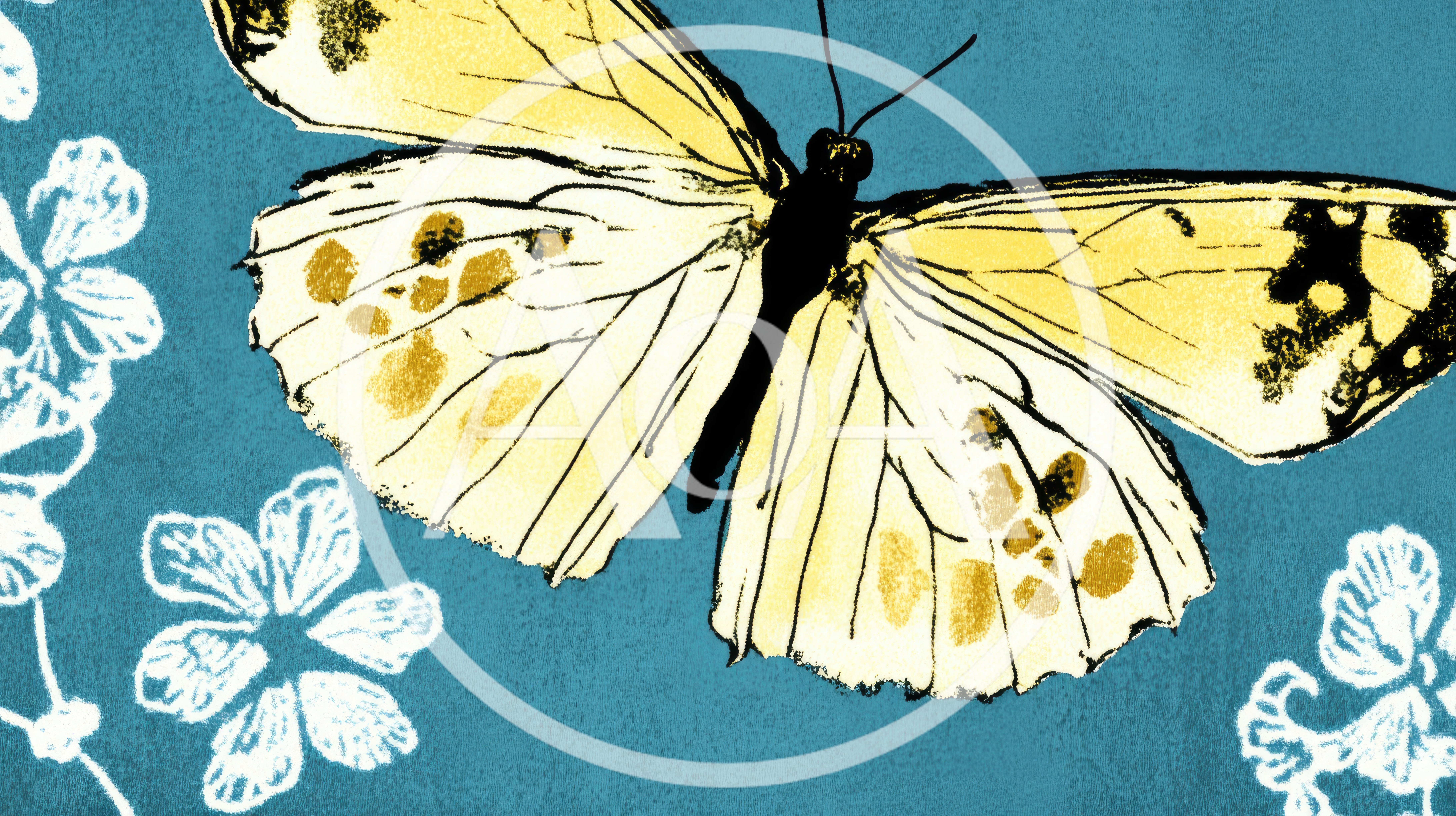 Yellow Butterfly Illustration On Blue Floral Background