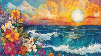 Surreal Ocean Sunset With Vibrant Floral Foreground