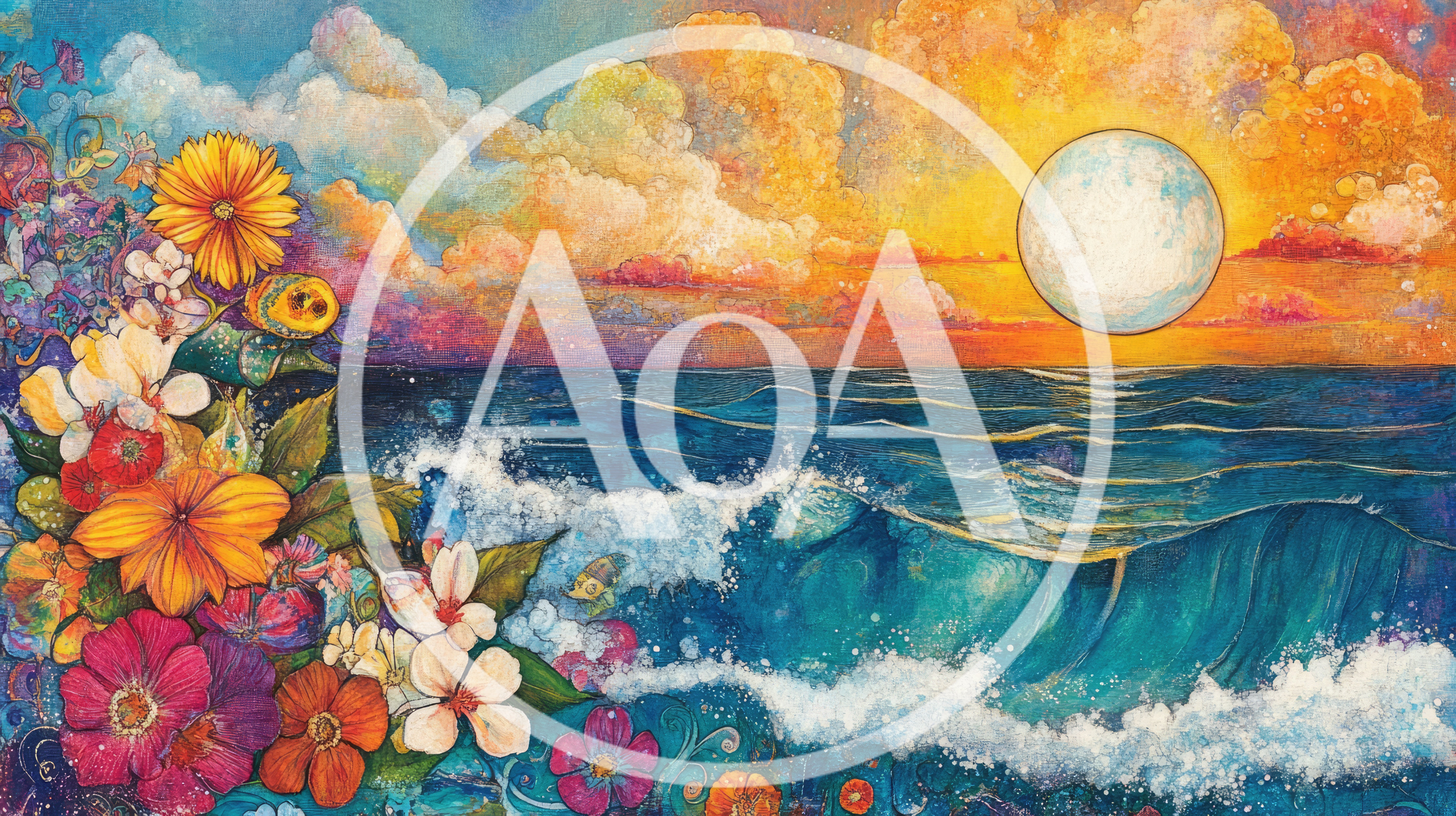 Surreal Ocean Sunset With Vibrant Floral Foreground