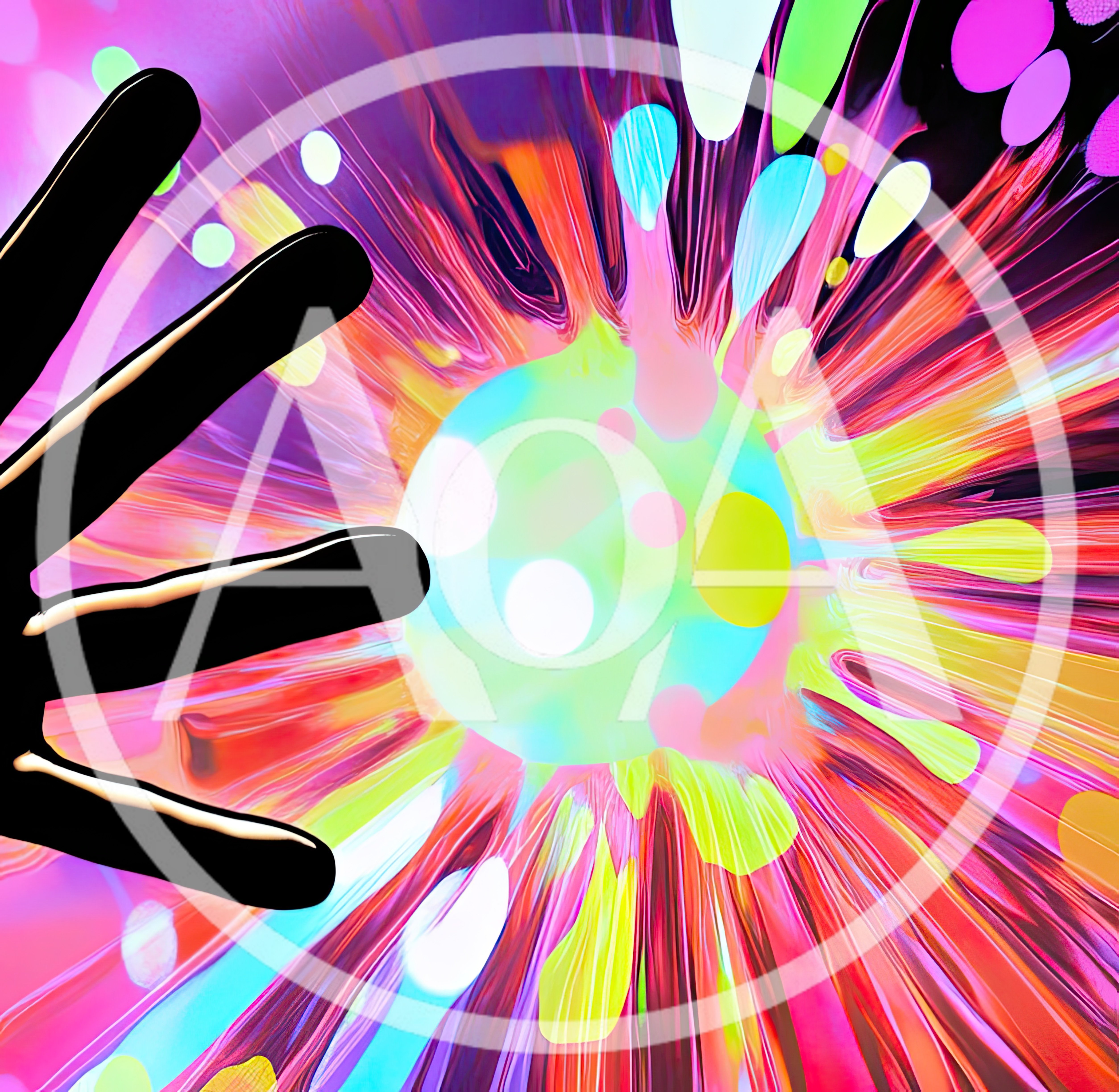 Abstract Hand Reaching Toward A Glowing Colorful Energy Sphere