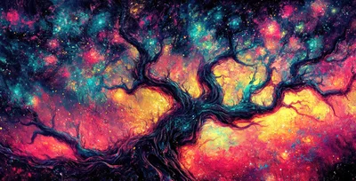 Cosmic Tree Silhouette Against A Vibrant Nebula Background