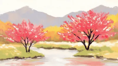 Impressionist Painting Of Cherry Blossom Trees By A River
