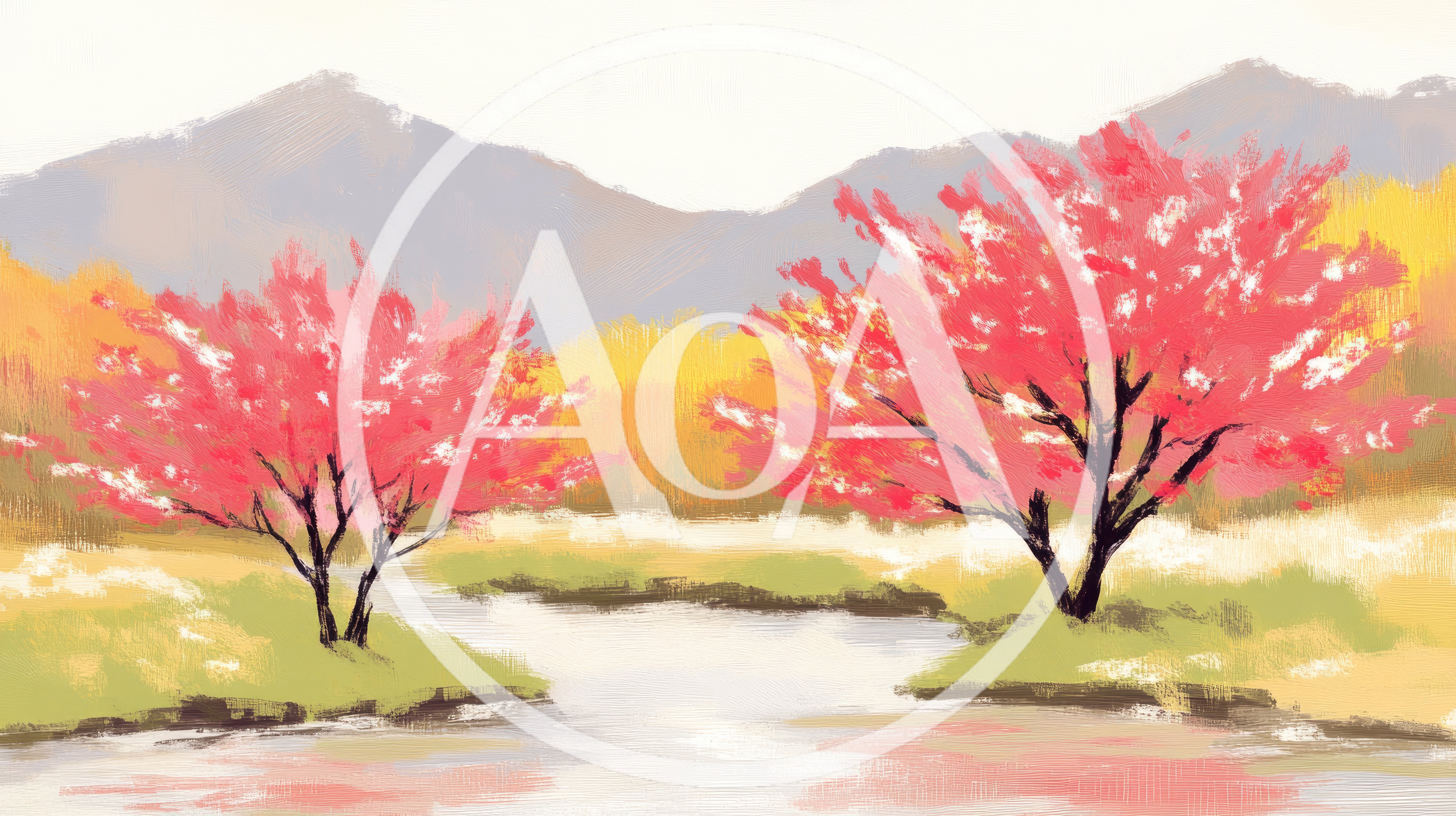 Impressionist Painting Of Cherry Blossom Trees By A River