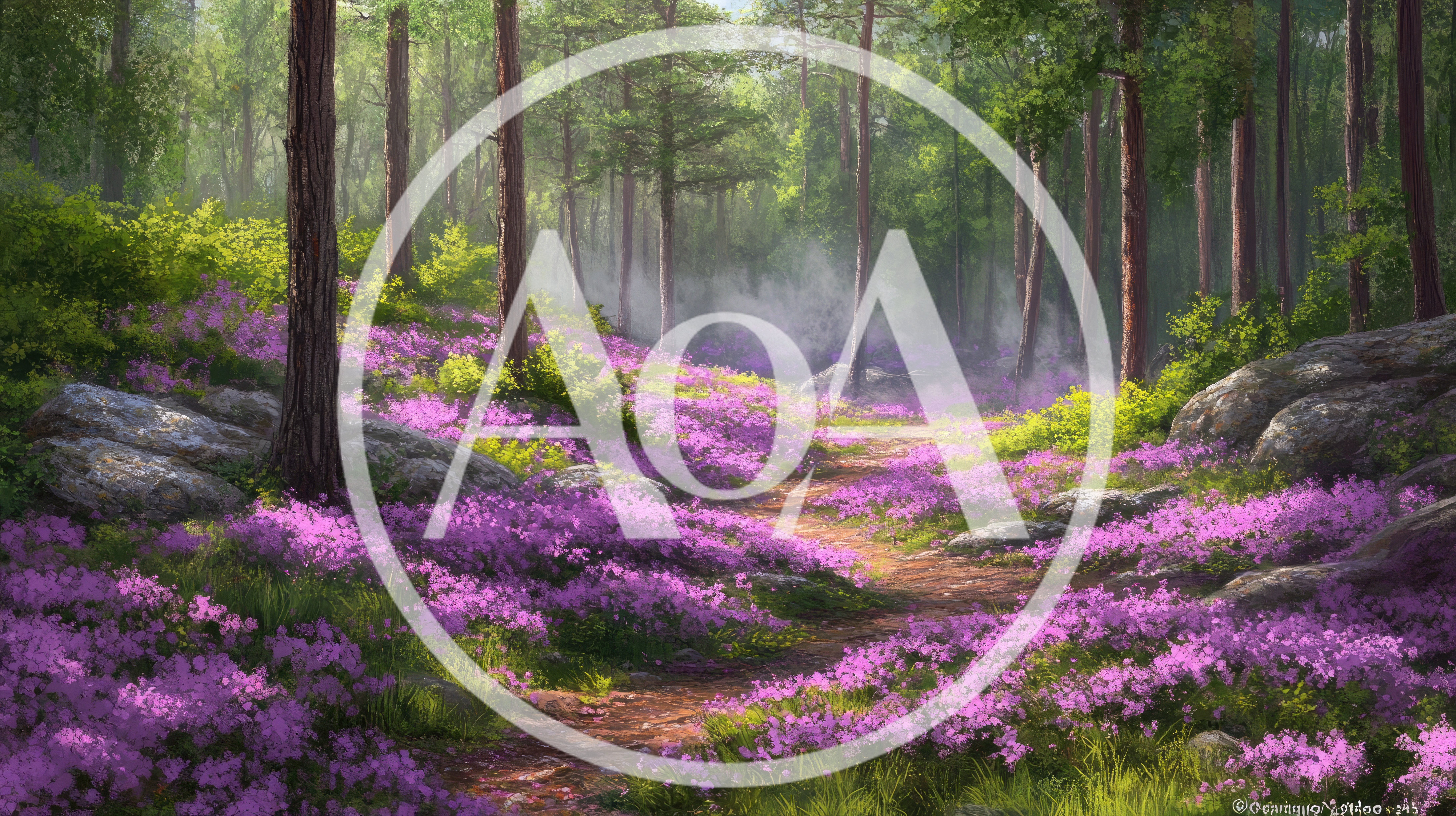 Enchanted Forest Path With Blooming Purple Flowers
