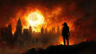 Silhouette Of A Lone Survivor In A Burning City