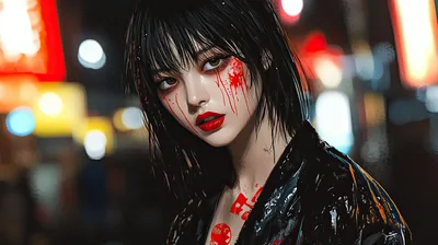 Portrait Of A Young Woman With Blood Makeup