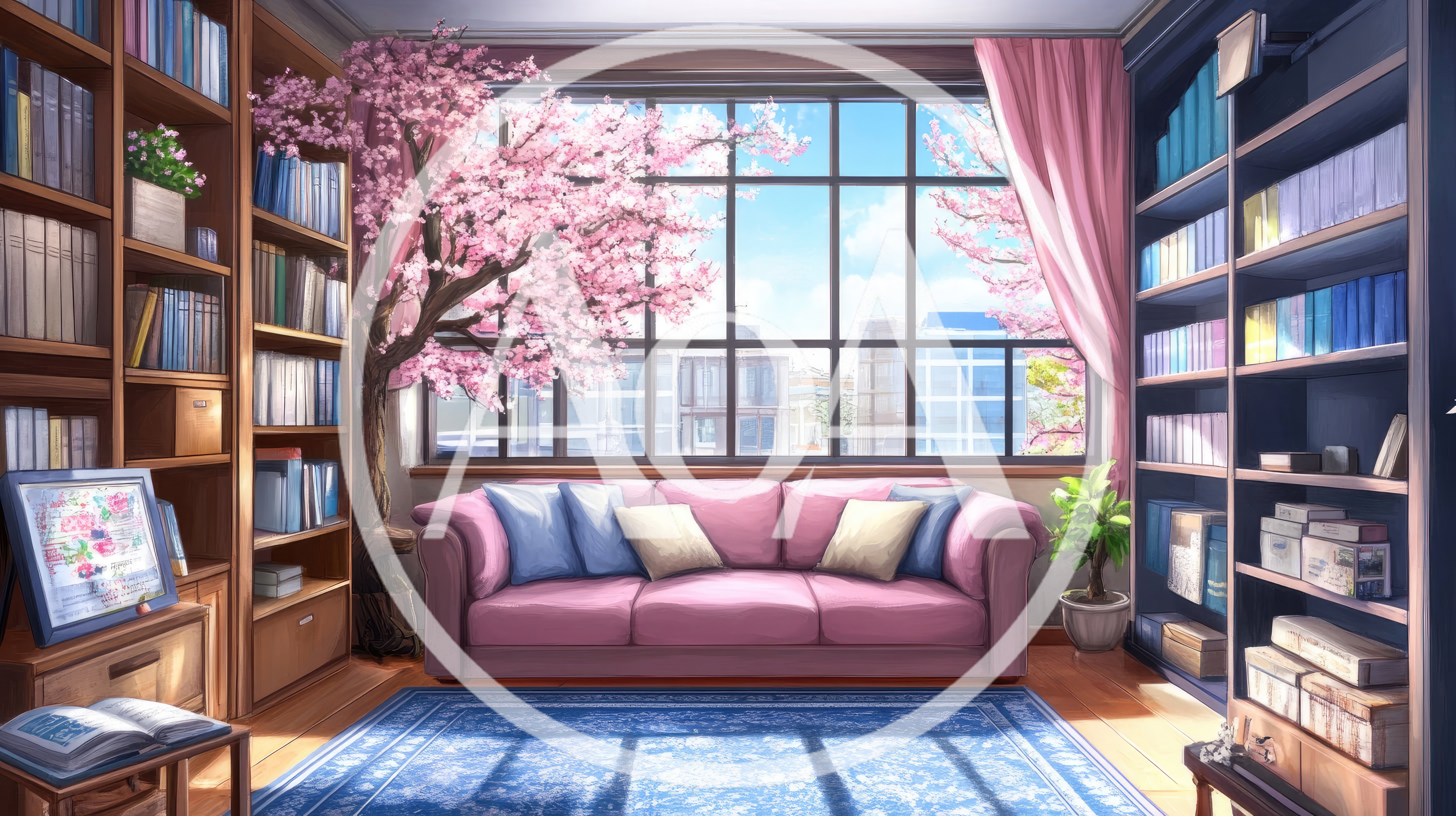 Cozy Library Interior With Pink Sofa And Cherry Blossom