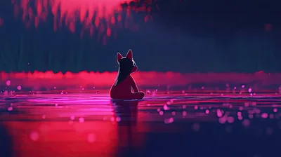 Animated Character Sitting Alone In A Glowing Red Lake
