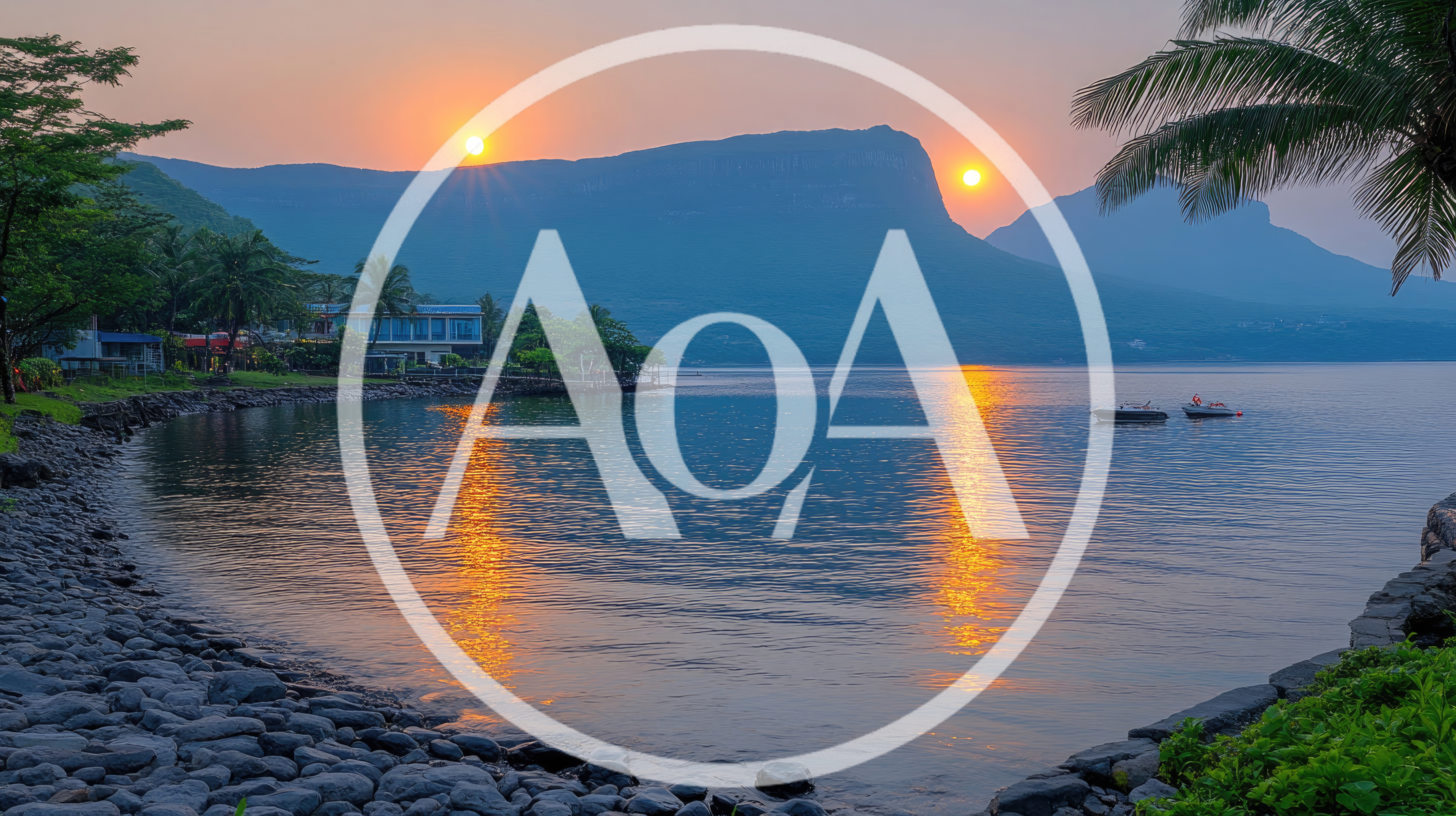 Scenic Sunset Over Tropical Lake With Mountain Backdrop
