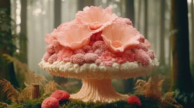 Surreal Pink Flower Mushroom Sculpture In Misty Forest