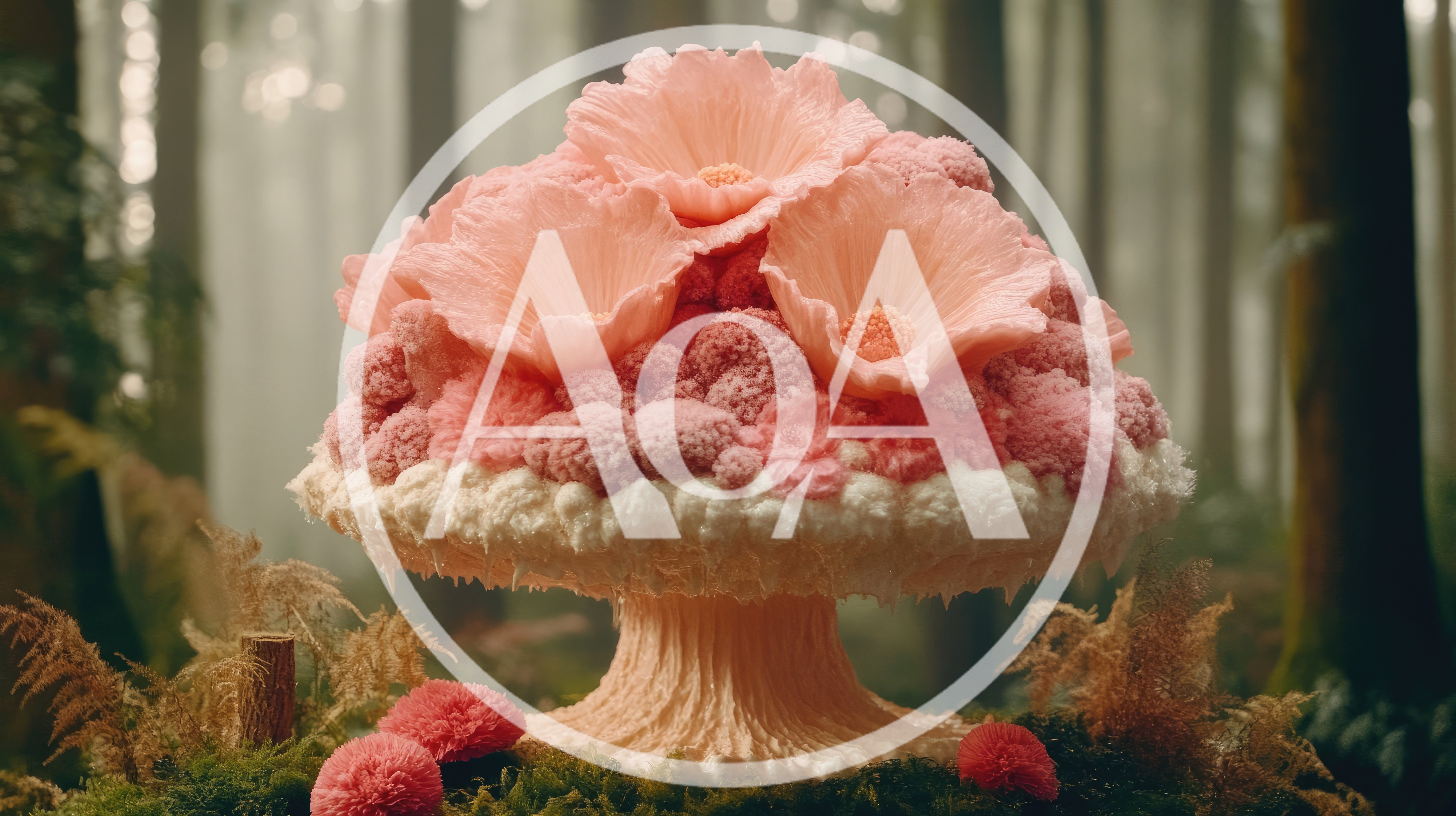 Surreal Pink Flower Mushroom Sculpture In Misty Forest