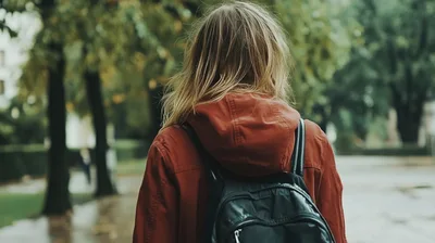 Young Woman Walking Through A Park In Autumn