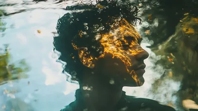 Young Man Submerged Underwater With Golden Sunlight Reflections